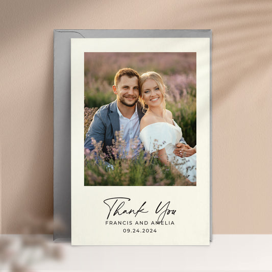 personalized wedding thank you note card with custom photo, names and wedding date featuring a modern calligraphy font - XOXOKristen