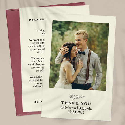 personalized wedding thank you note cards with floral branch, custom photo, names and wedding date - XOXOKristen