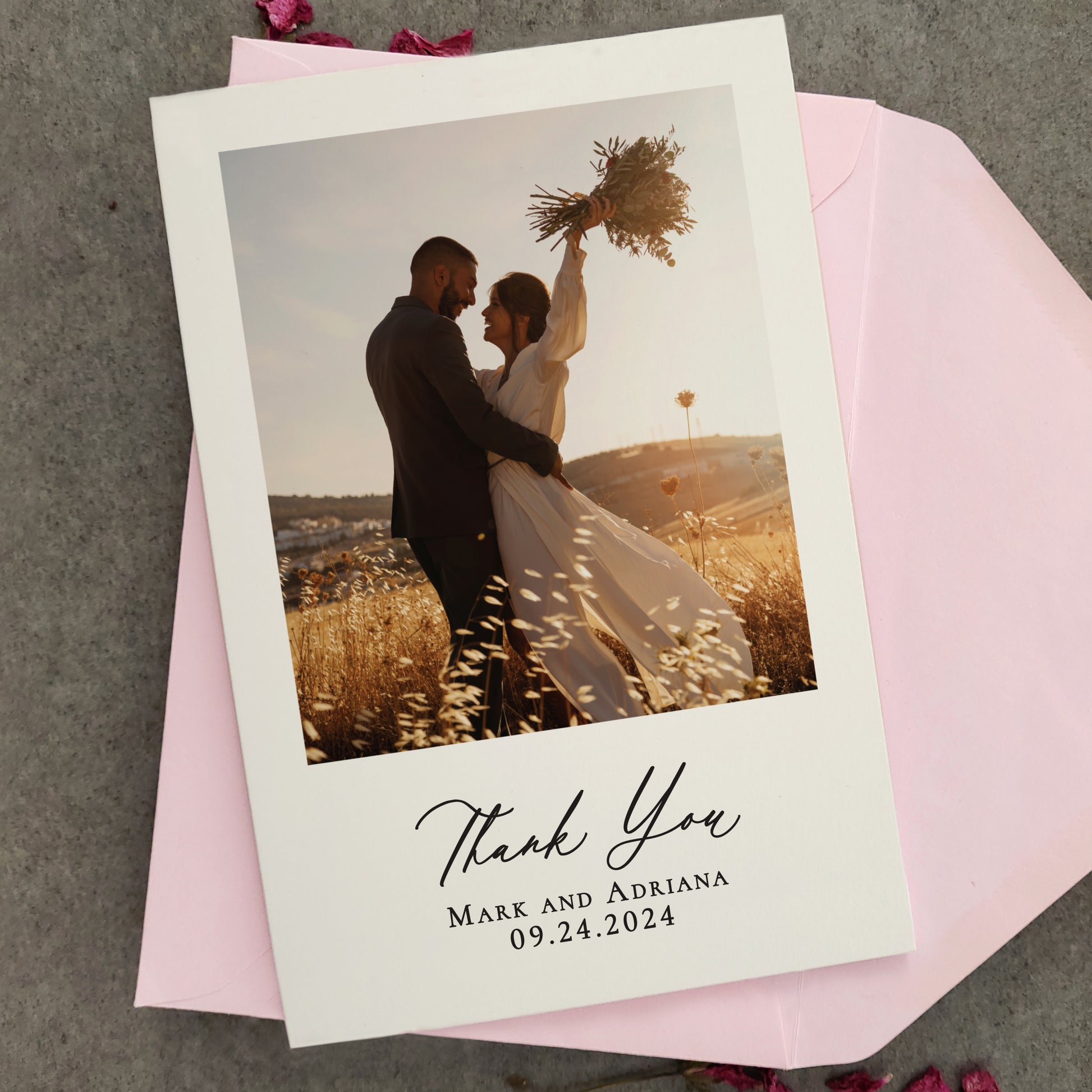 personalized wedding thank you note card with custom photo, names and wedding date featurign a modern chic calligraphy font - XOXOKristen