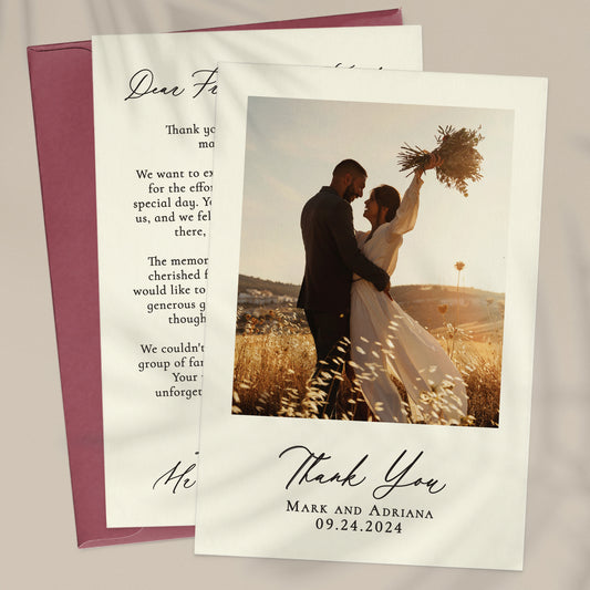 personalized wedding thank you note card with custom photo, names and wedding date featurign a modern chic calligraphy font - XOXOKristen