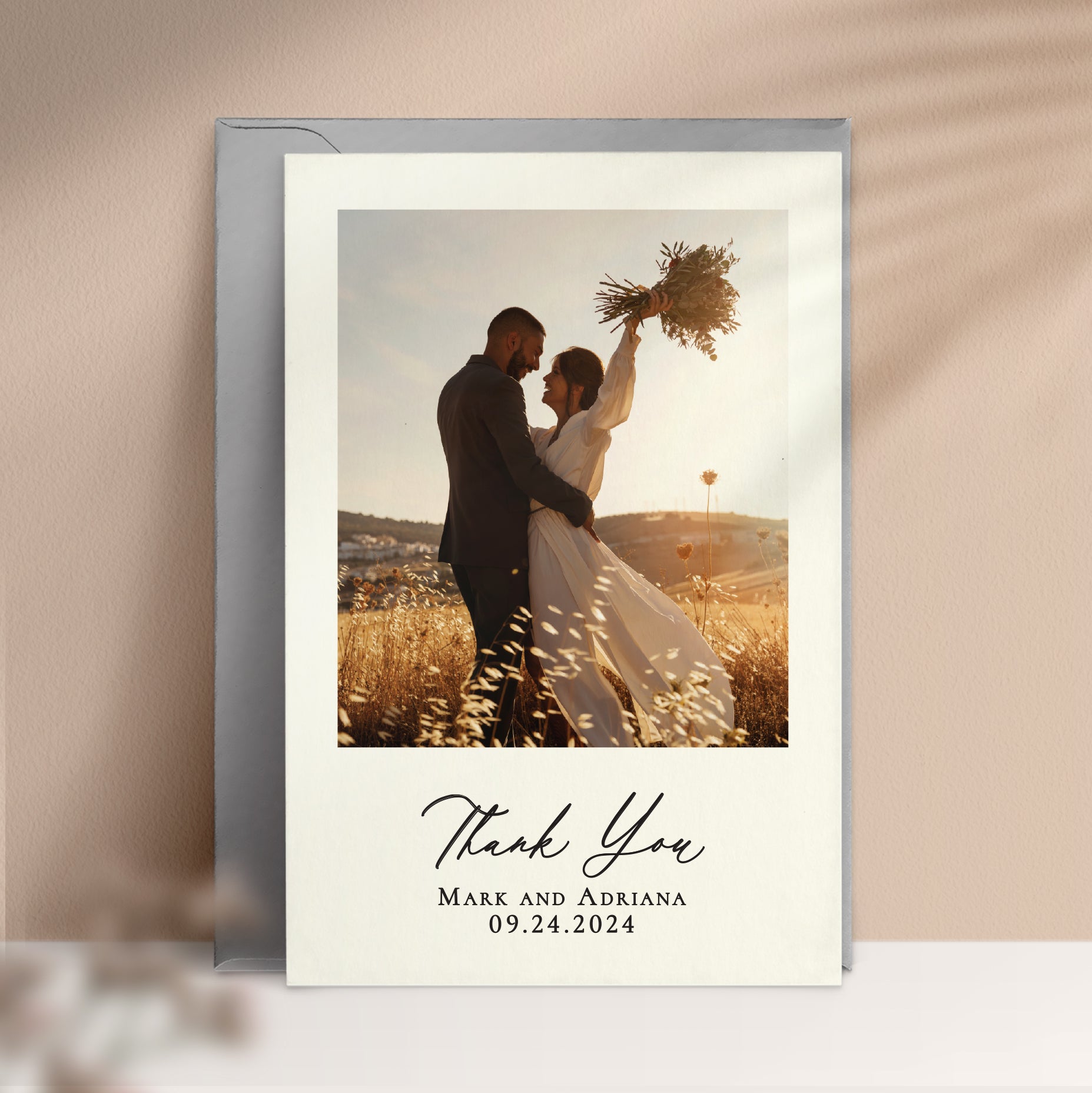 personalized wedding thank you note card with custom photo, names and wedding date featurign a modern chic calligraphy font - XOXOKristen