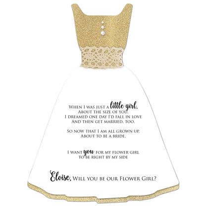 will you be our flower girl proposal card in gown shape with lace and heartfelt poem - XOXOKristen