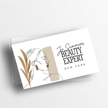 Personalized Business Cards with Captivating Woman Illustration, Delicate Flowers, and Elegant Beige Details - Perfect for Small Business Owners and Beauty Studios - XOXOKristen