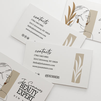 Personalized Business Cards with Captivating Woman Illustration, Delicate Flowers, and Elegant Beige Details - Perfect for Small Business Owners and Beauty Studios - XOXOKristen