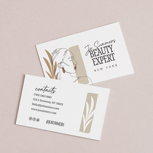 Personalized Business Cards with Captivating Woman Illustration, Delicate Flowers, and Elegant Beige Details - Perfect for Small Business Owners and Beauty Studios - XOXOKristen