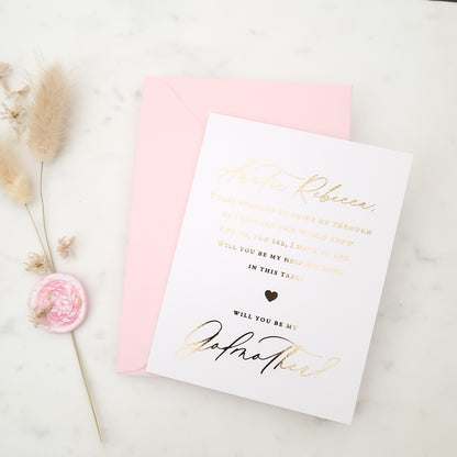 will you be my godmother proposal card with gold foiled calligraphy - XOXOKristen