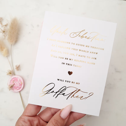 will you be my godfather proposal card with gold foiled calligraphy font - XOXOKristen