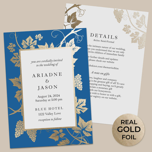 winery themed wedding invitations in blue and gold suitable for destitnation vineyard weddings - XOXOKristen