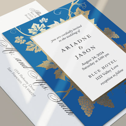 winery themed wedding invitations in blue and gold suitable for destitnation vineyard weddings - XOXOKristen