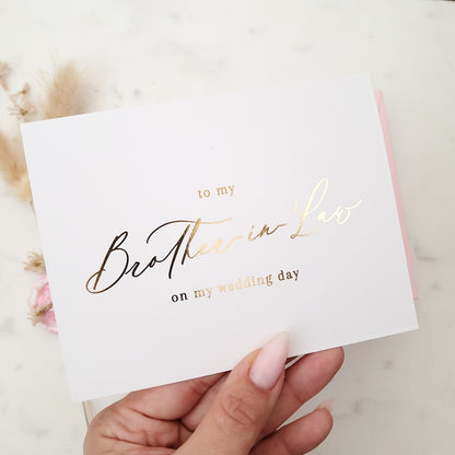 to my brother in law on my wedding day card with gold calligraphy font - XOXOKristen
