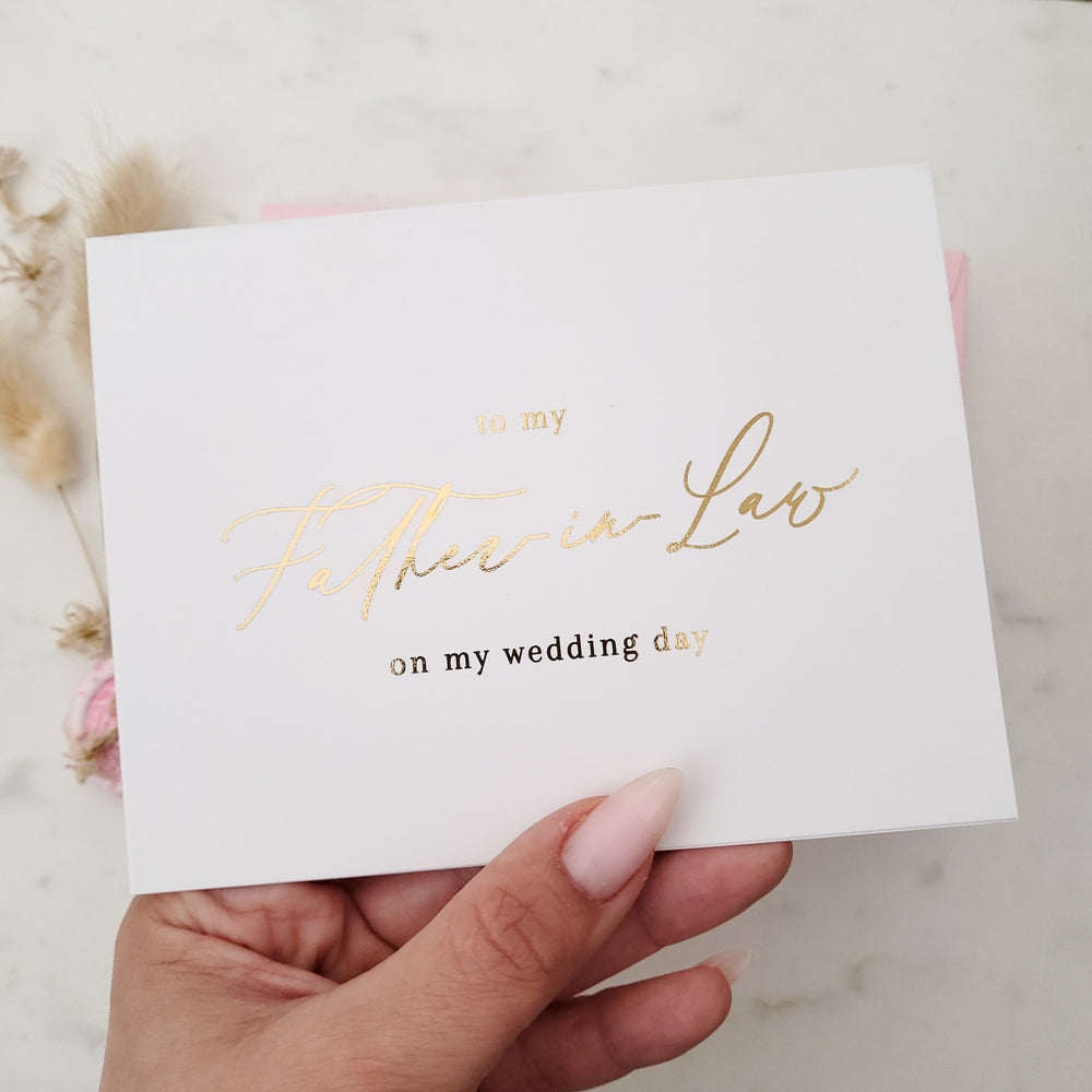 to my father in law on my wedding day note card with gold calligraphy - XOXOKristen