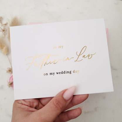to my father in law on my wedding day note card with gold calligraphy - XOXOKristen