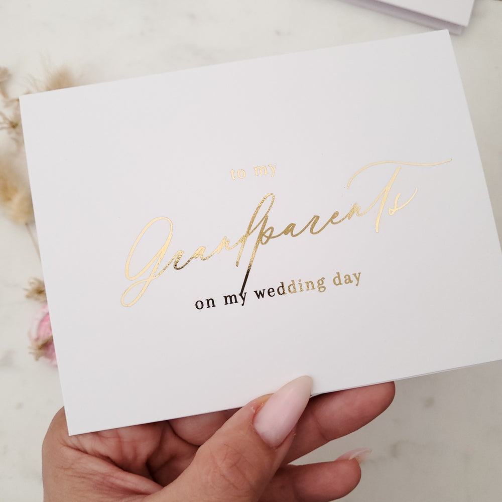 to my grandparents on my wedding day note card with gold calligraphy - XOXOKristen