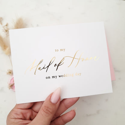 to my maid of honor on my wedding day with gold calligraphy - XOXOKristen