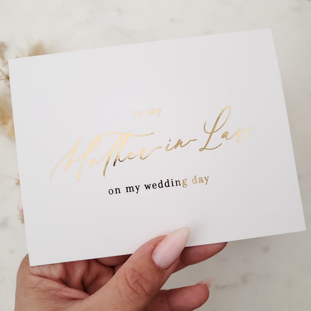 to my mother in law on my wedding day note card with gold calligraphy - XOXOKristen