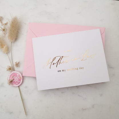 to my mother in law on my wedding day note card with gold calligraphy - XOXOKristen