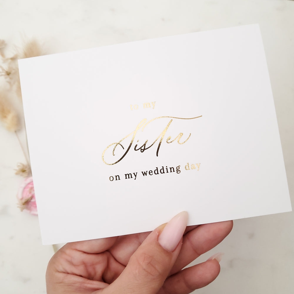 to my sister on my wedding day note cards with gold calligraphy - XOXOKristen