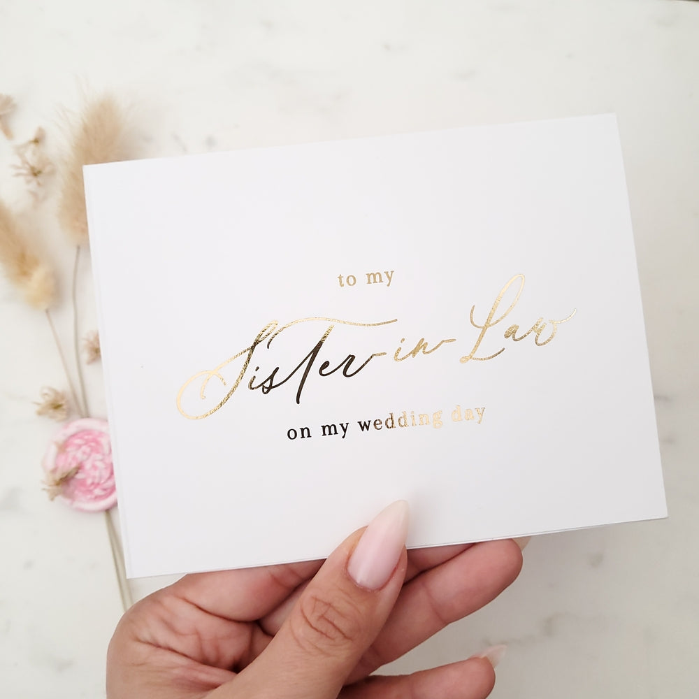 to my sister-in-law on my wedding day note card with gold calligraphy - XOXOKristen