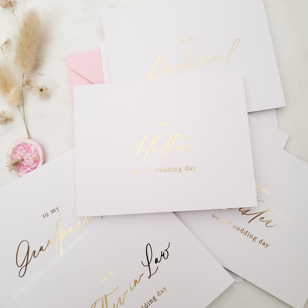 to my mother on my wedding day note card with gold calligraphy - XOXOKristen