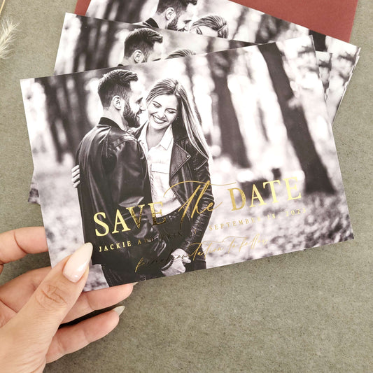 wedding save the date card with gold foiled text and custom picture - XOXOKristen