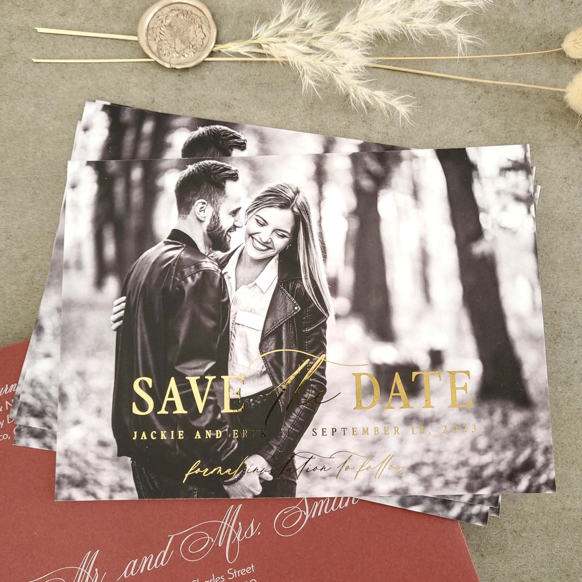 wedding save the date card with gold foiled text and custom picture - XOXOKristen