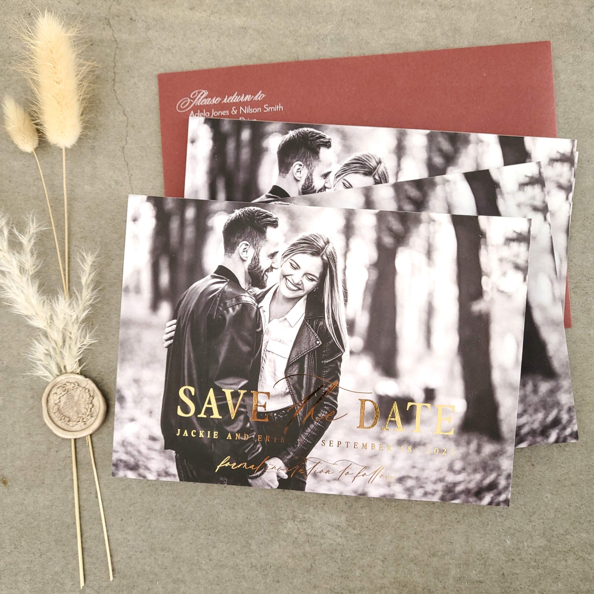wedding save the date card with gold foiled text and custom picture - XOXOKristen