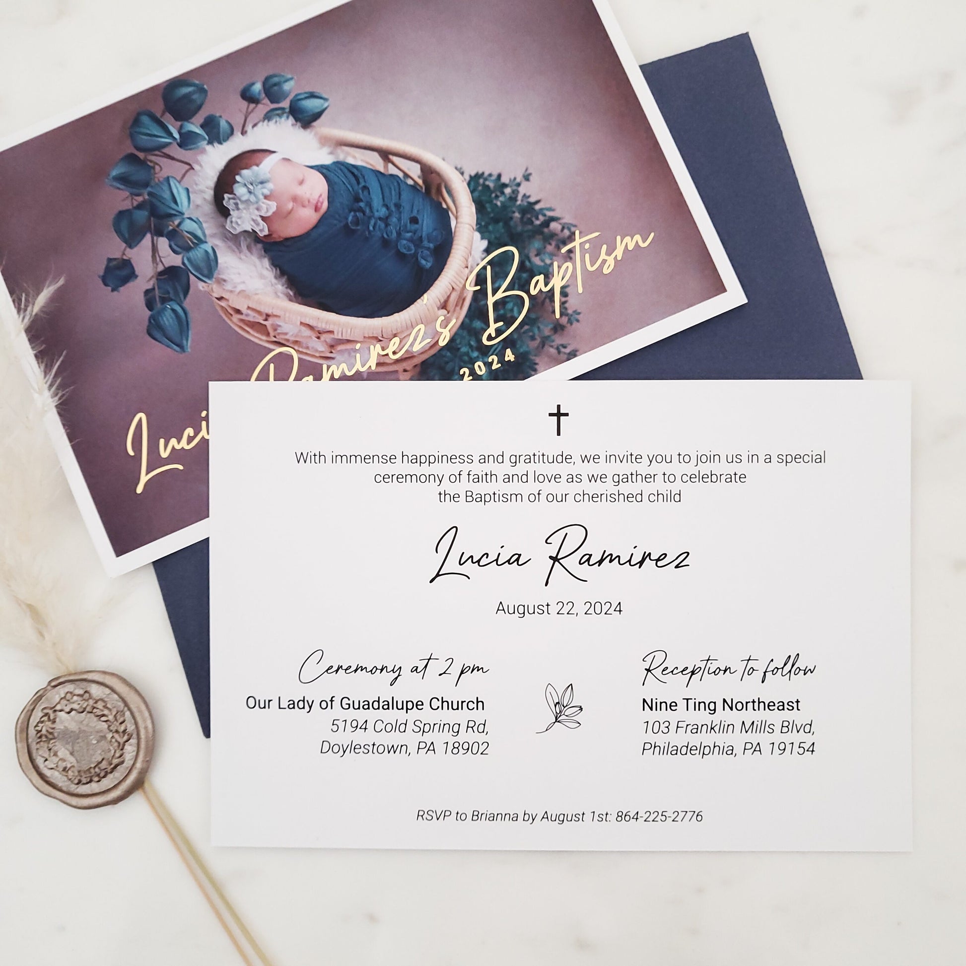 baptism invitation with baby photo and gold foiled text - XOXOKristen