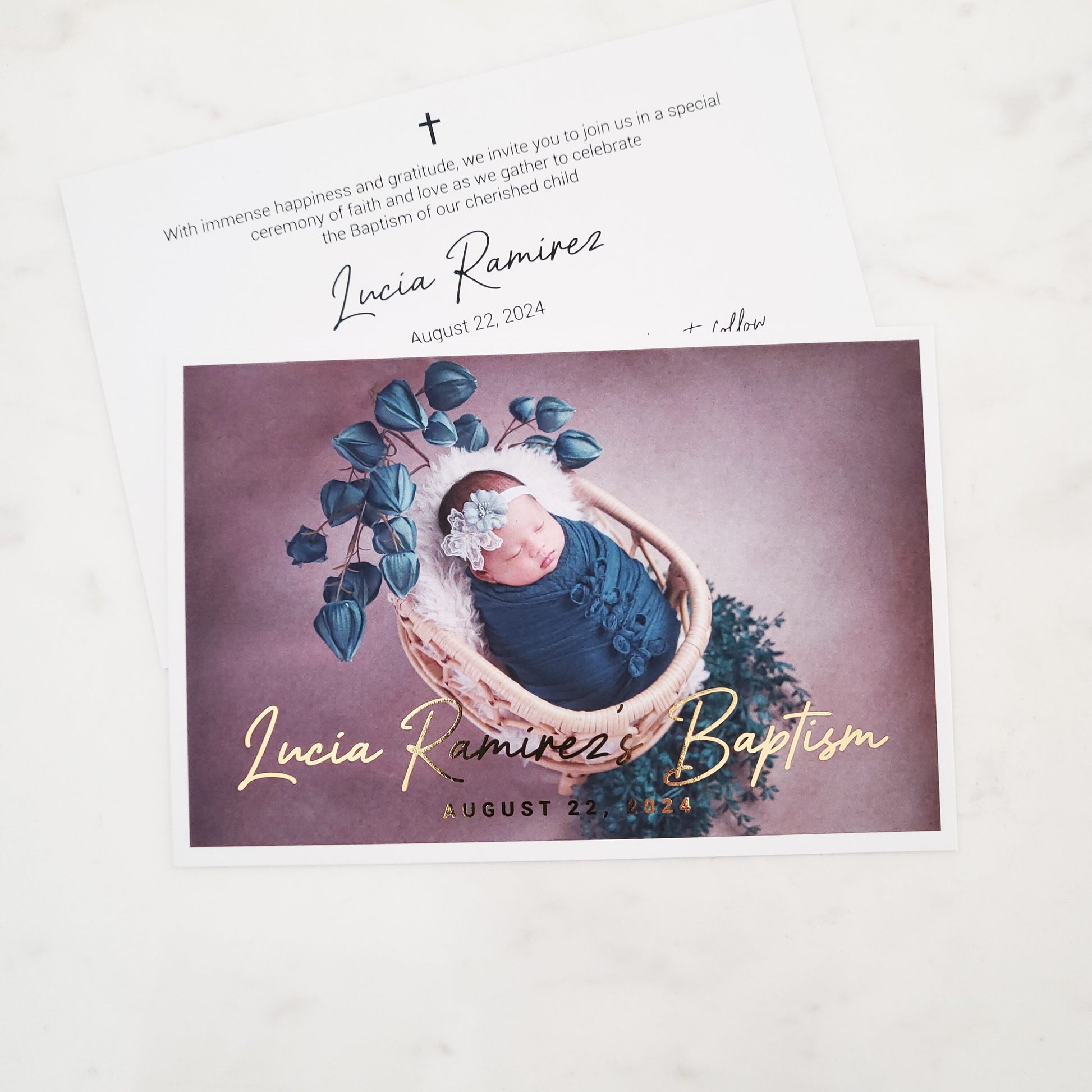 baptism invitation with baby photo and gold foiled text - XOXOKristen