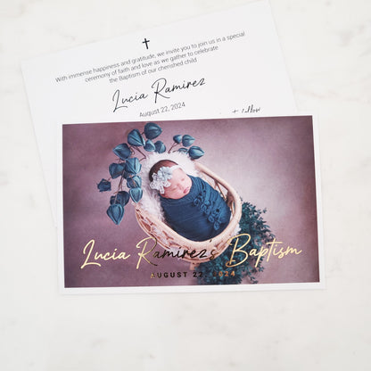 baptism invitation with baby photo and gold foiled text - XOXOKristen