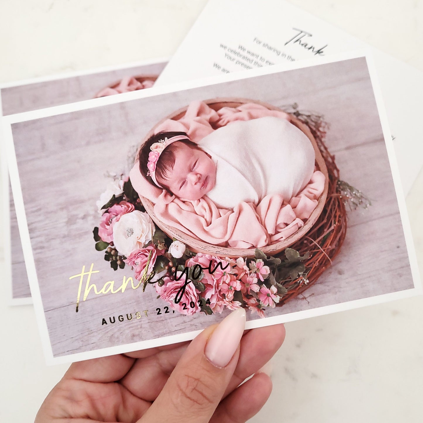 baptism thank you card with gold foil and baby photo - XOXOKristen