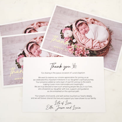 baptism thank you card with gold foil and baby photo - XOXOKristen