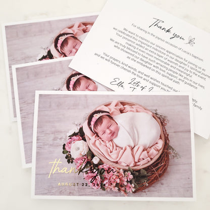 baptism thank you card with gold foil and baby photo - XOXOKristen