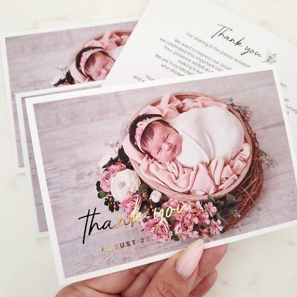 baptism thank you card with gold foil and baby photo - XOXOKristen