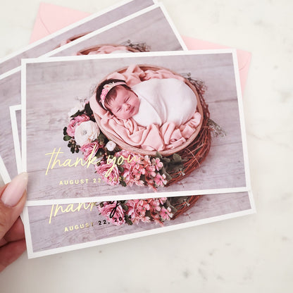 baptism thank you card with gold foil and baby photo - XOXOKristen