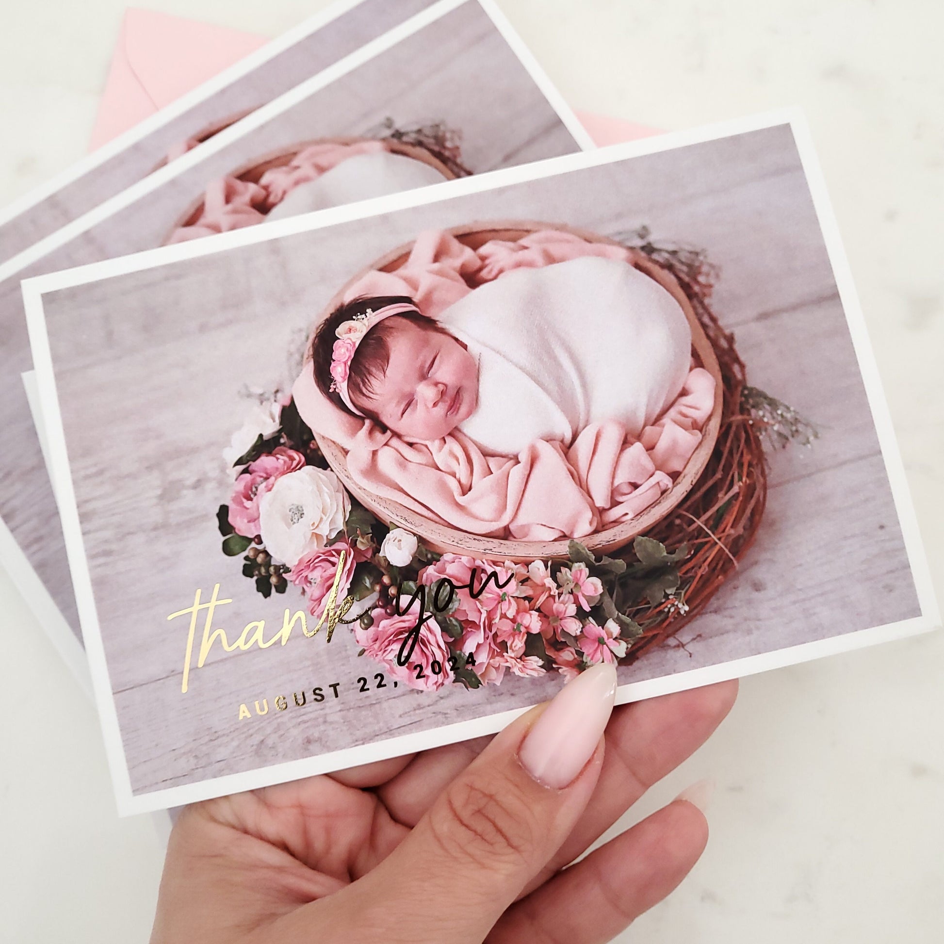 baptism thank you card with gold foil and baby photo - XOXOKristen