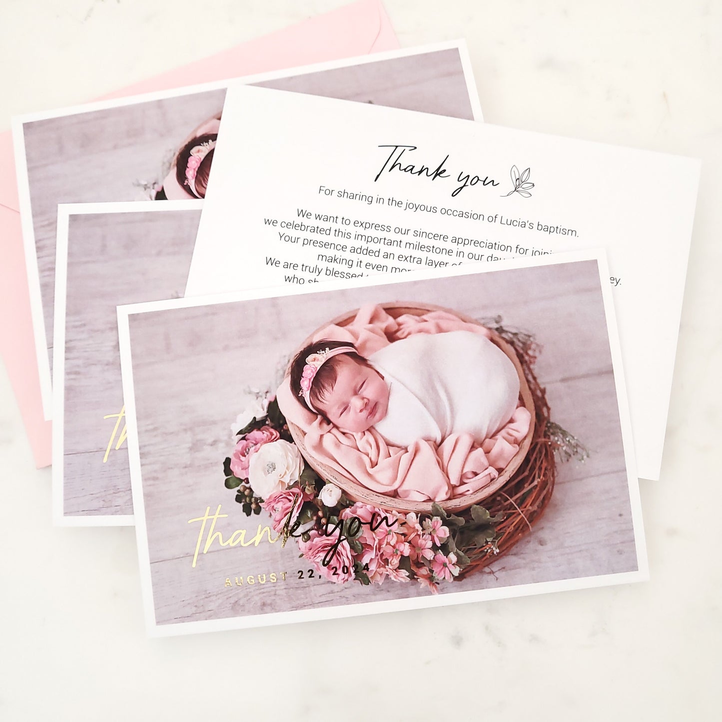 baptism thank you card with gold foil and baby photo - XOXOKristen