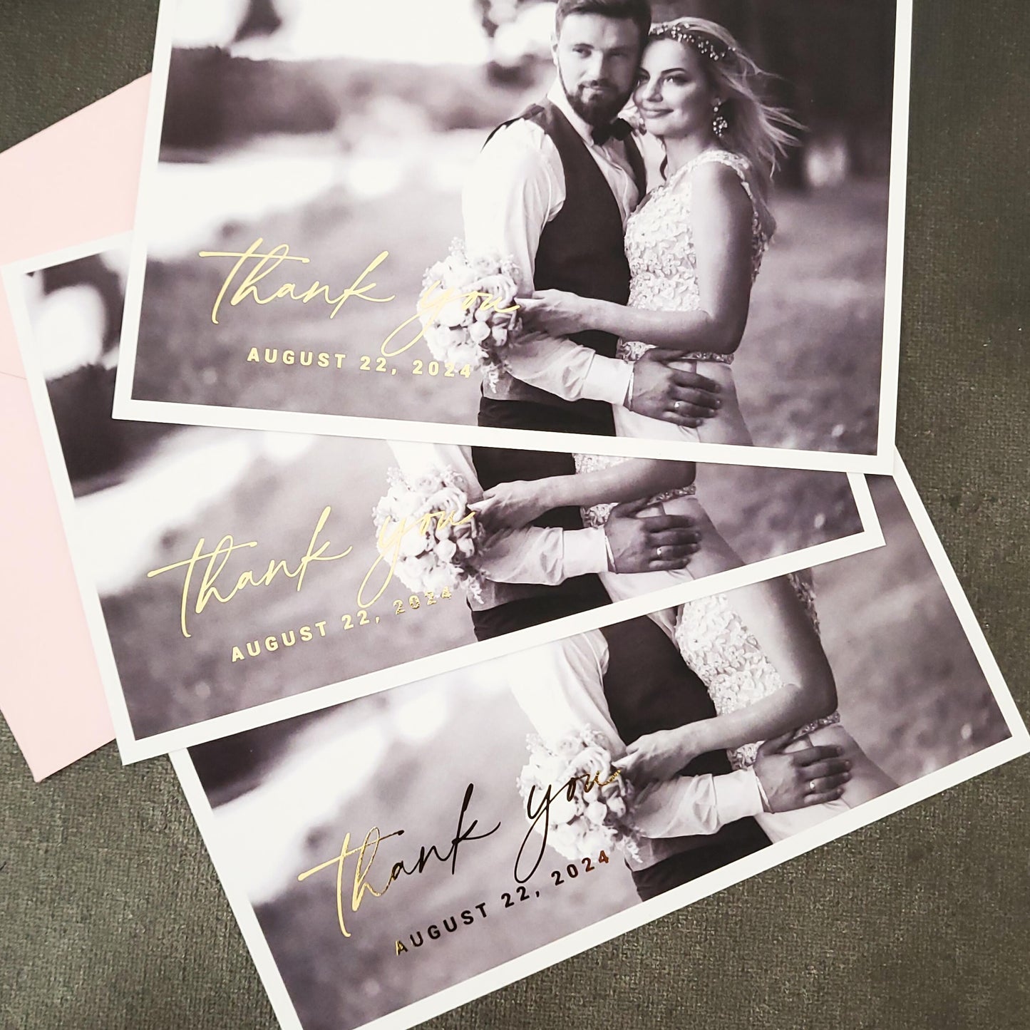 wedding thank you cards with gold foiled text on a custom photo - XOXOKristen