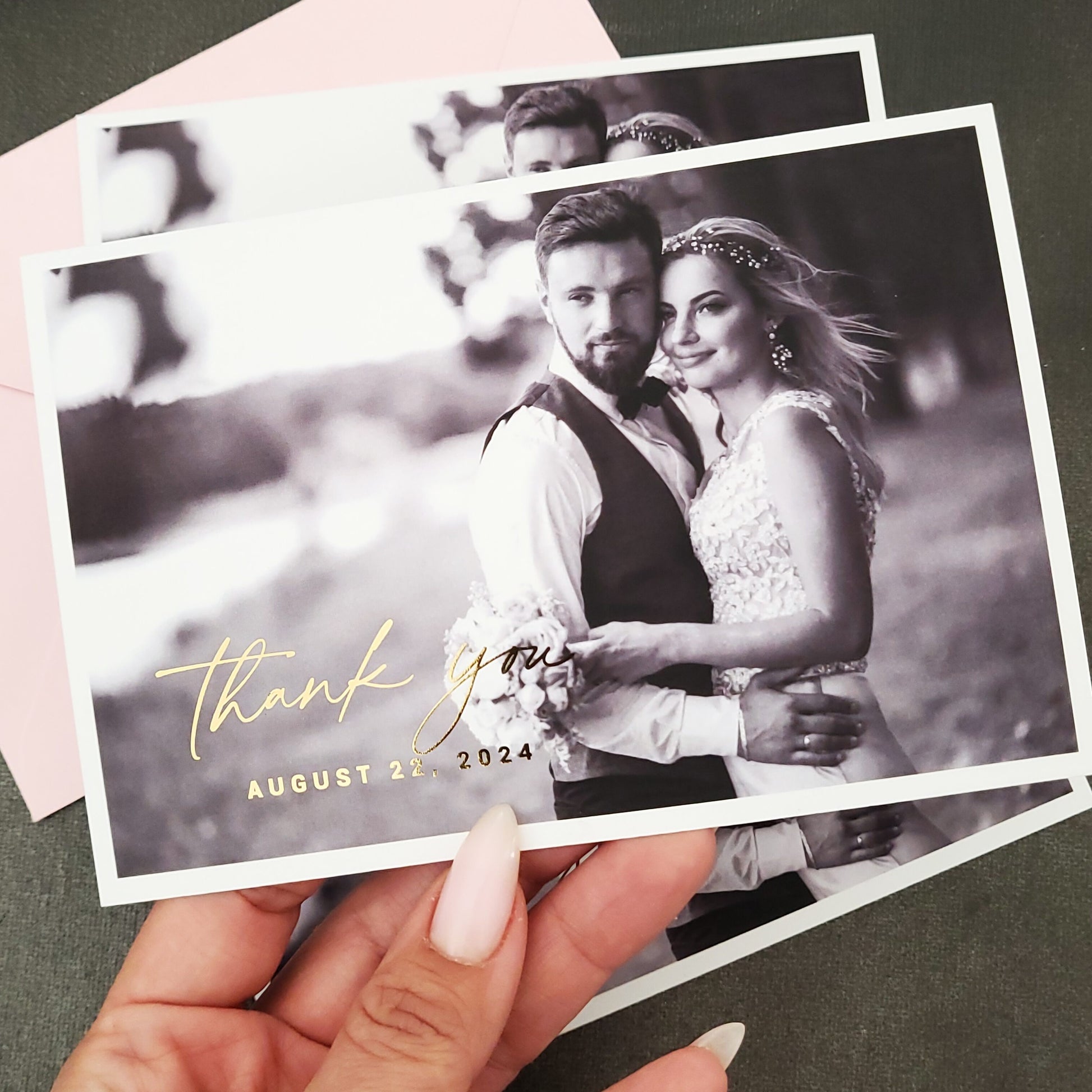 wedding thank you cards with gold foiled text on a custom photo - XOXOKristen