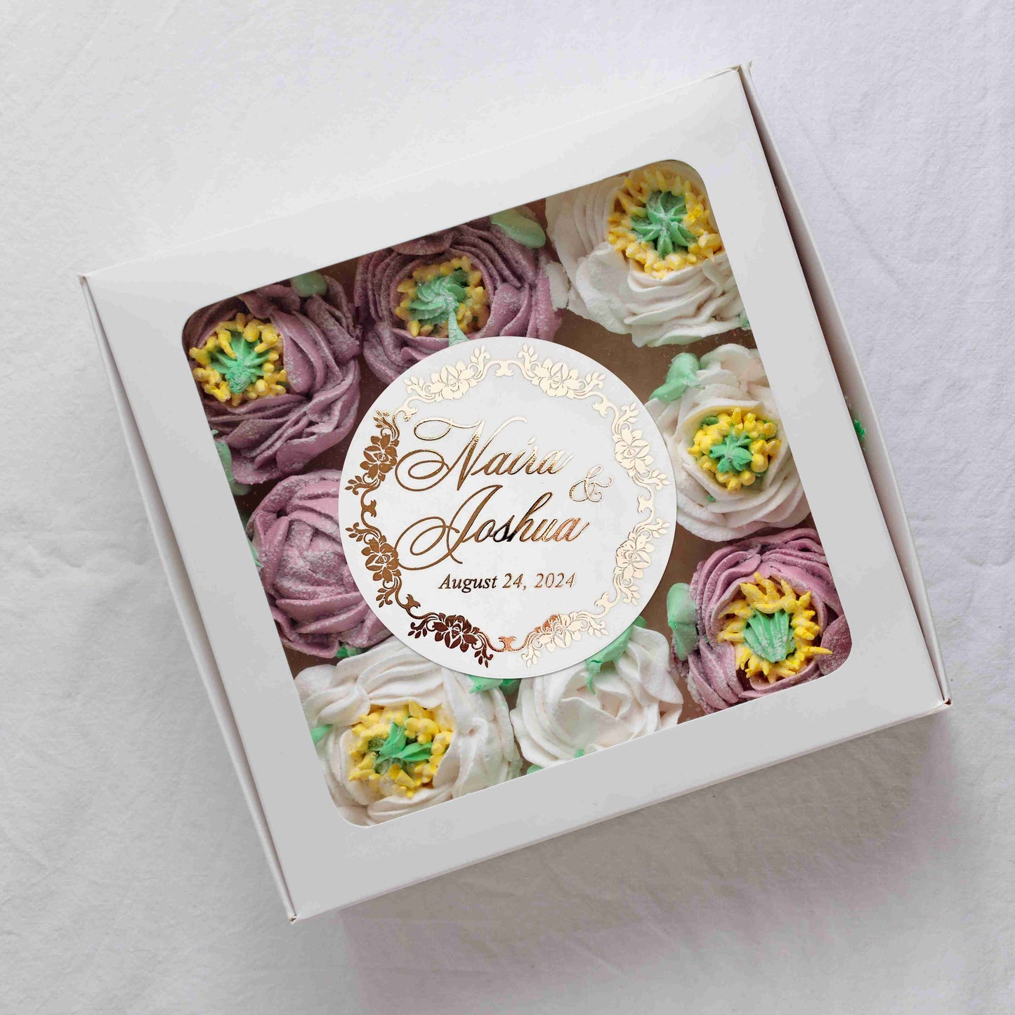elegant wedding favor stickers with gold foiled flower frame, personalized with names and wedding date. 