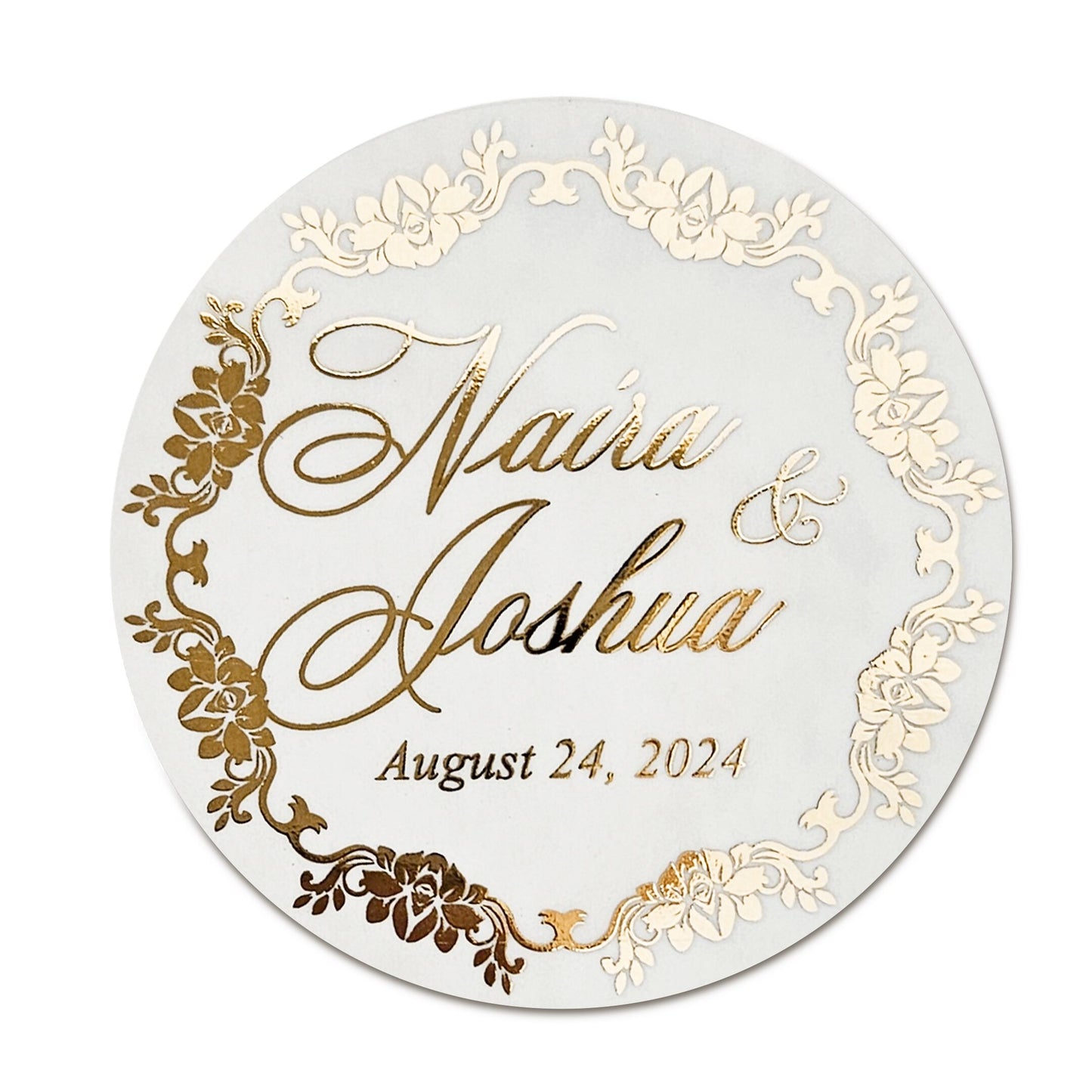 elegant wedding favor stickers with gold foiled flower frame, personalized with names and wedding date. 