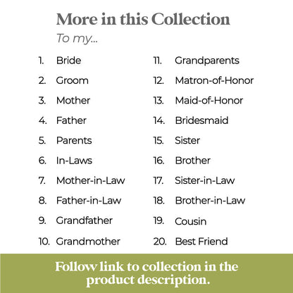 to my mother in law on my wedding day note card with gold calligraphy - XOXOKristen
