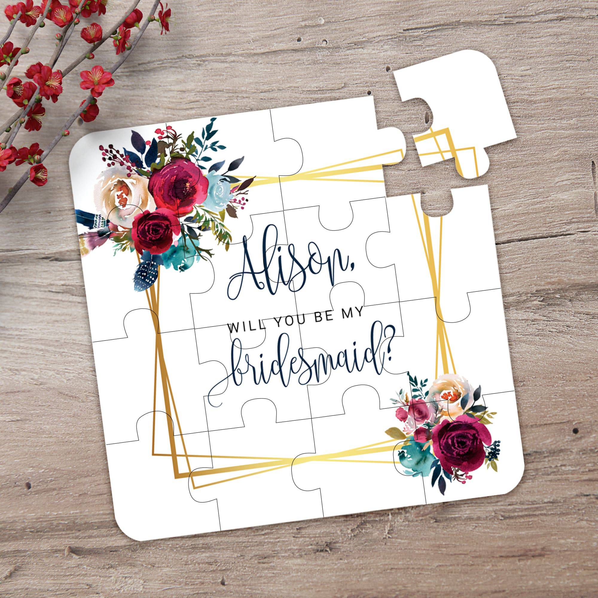 Boho Flowers & Gold Frame Bridesmaid Puzzle - XOXOKristen