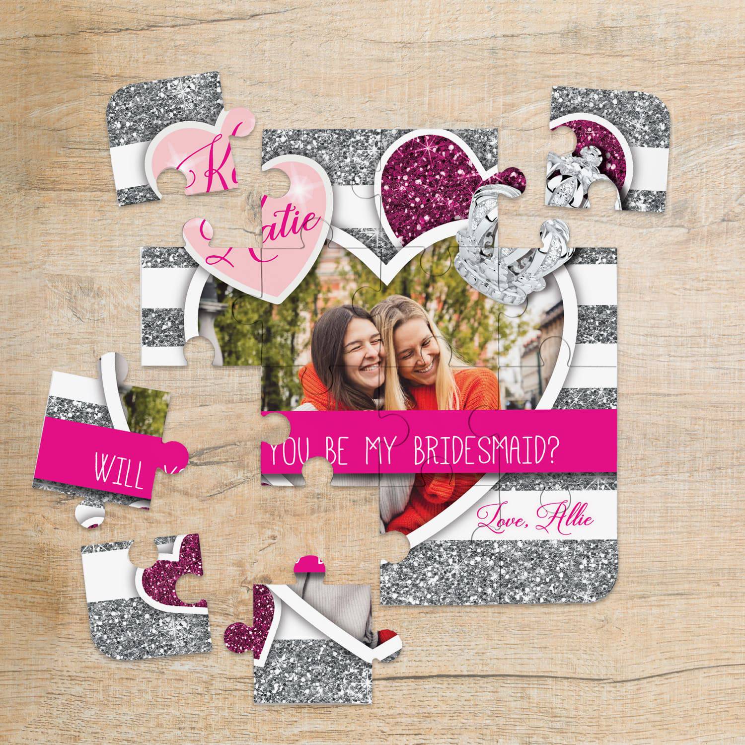 Pink and Silver Custom Photo Bridesmaid Proposal Puzzle - XOXOKristen