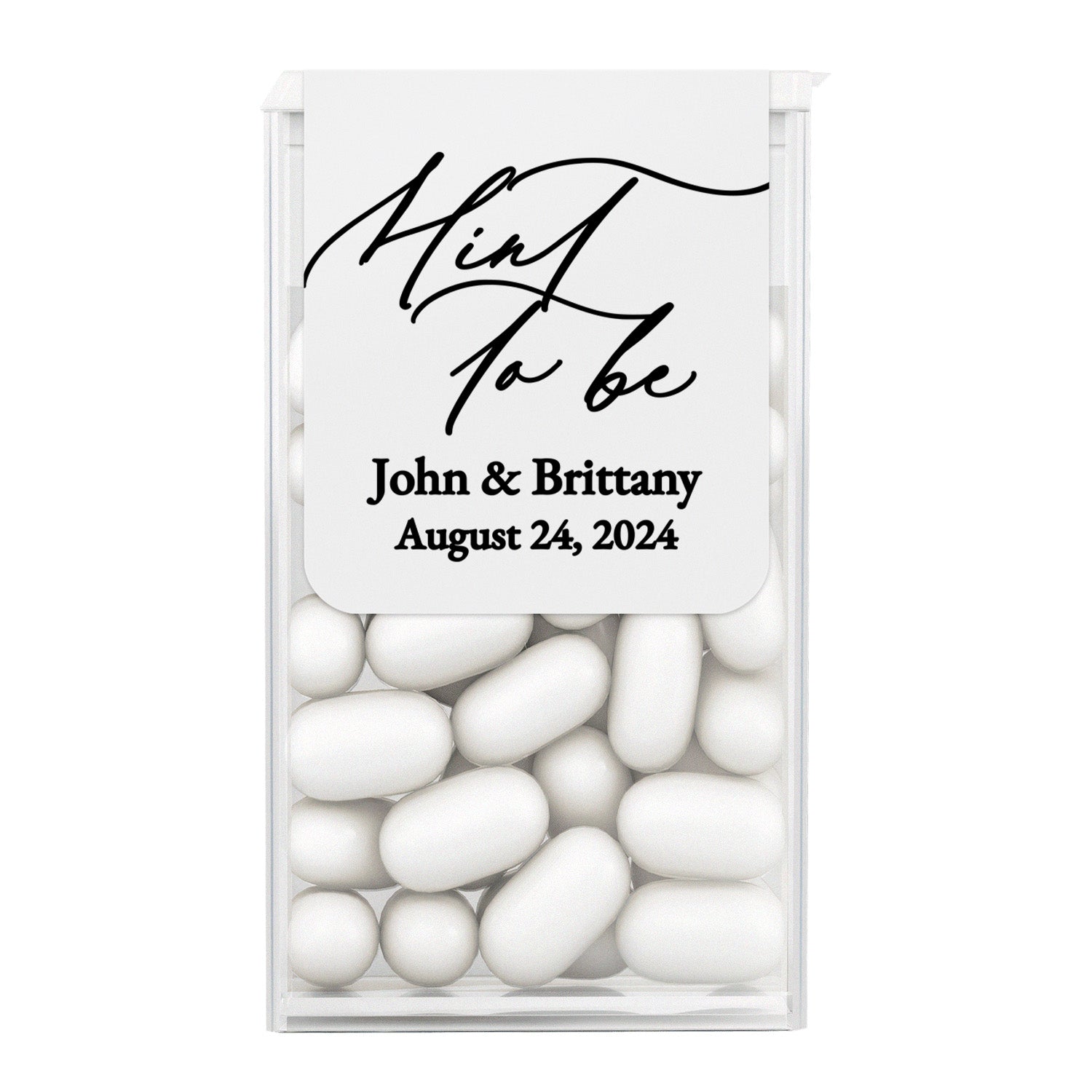 XOXOKristen personalized “Mint to Be” wedding favor label in black script and serif typography on white slightly textured cardstock-style sticker – XOXOKristen