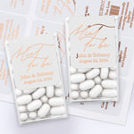 XOXOKristen custom “Mint to Be” labels with rose gold foil printing on white labels, displayed on sheets for wedding favors – XOXOKristen