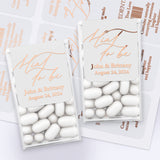 XOXOKristen custom “Mint to Be” labels with rose gold foil printing on white labels, displayed on sheets for wedding favors – XOXOKristen