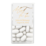 XOXOKristen wedding favor mint box label in elegant gold foil script and serif print, applied to a clear box with white mints – XOXOKristen