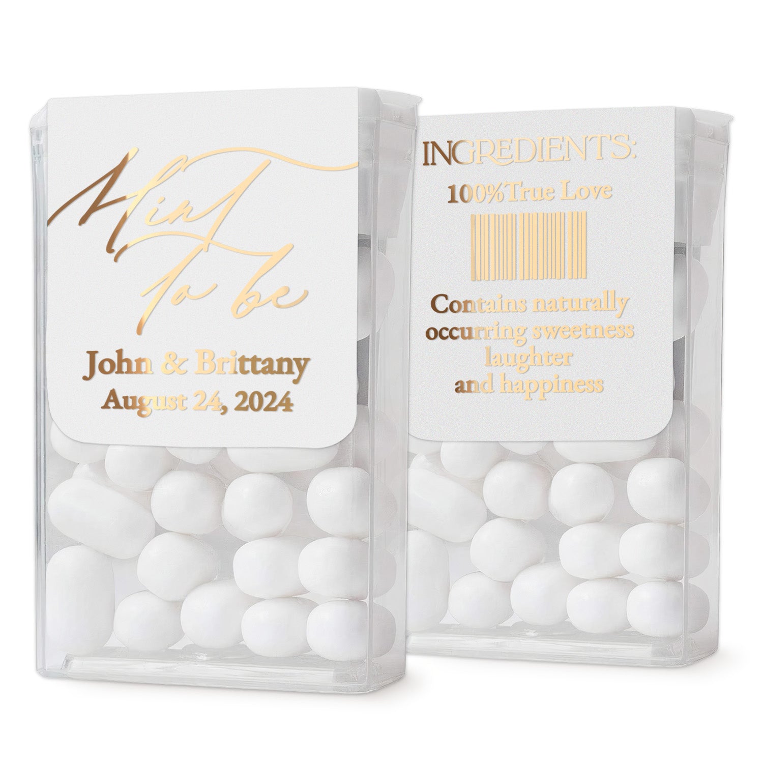 XOXOKristen wedding favor mint box label in elegant gold foil script and serif print, applied to a clear box with white mints – XOXOKristen