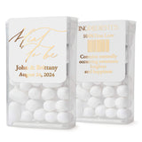 XOXOKristen wedding favor mint box label in elegant gold foil script and serif print, applied to a clear box with white mints – XOXOKristen