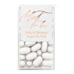 XOXOKristen custom “Mint to Be” labels with rose gold foil printing on white labels, displayed on sheets for wedding favors – XOXOKristen